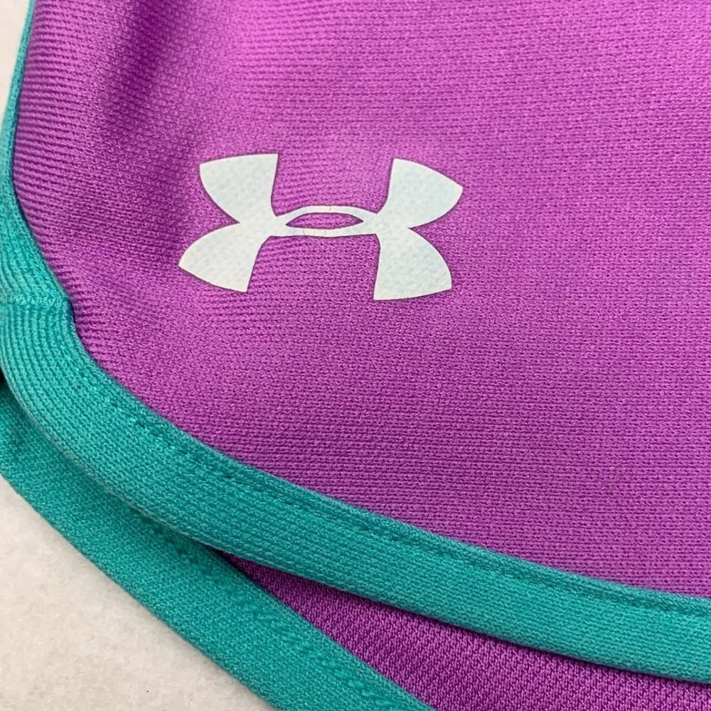 Under Armour Girls HeatGear Athletic Shorts Purple Teal YSM Loose Fit Drawstring - Picture 2 of 6